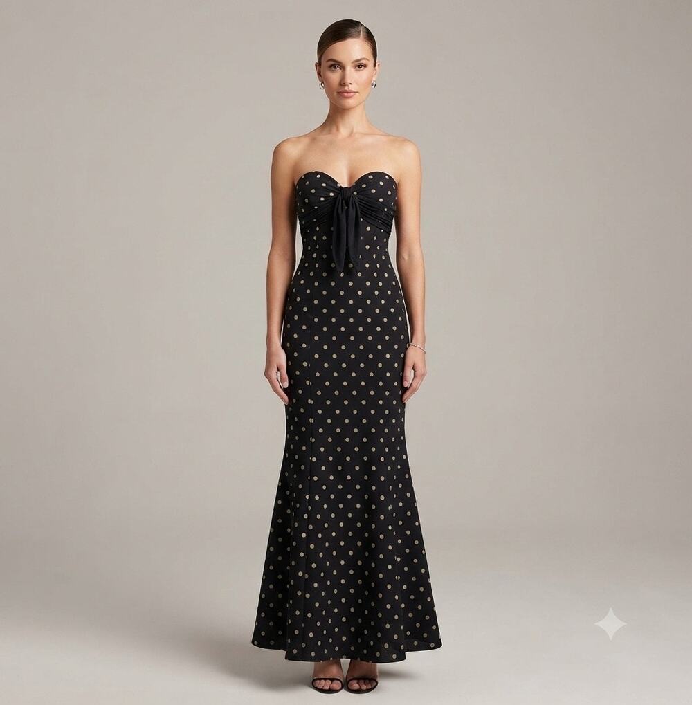 Jovani Strapless Formal Black Gold Polka Dot Maxi Dress Evening Gown Gala Size 4